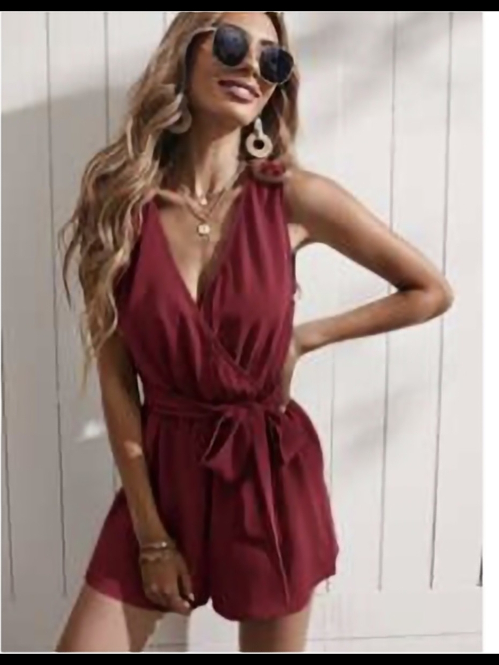Sleeveless V-Neck Tie-Waist Romper in Burgundy